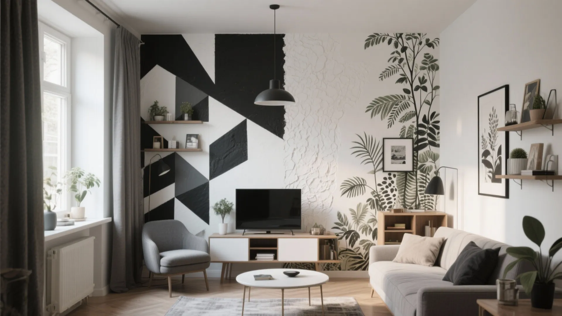 Modern living room featuring geometric wall art and plant mural behind grey sofa and stand