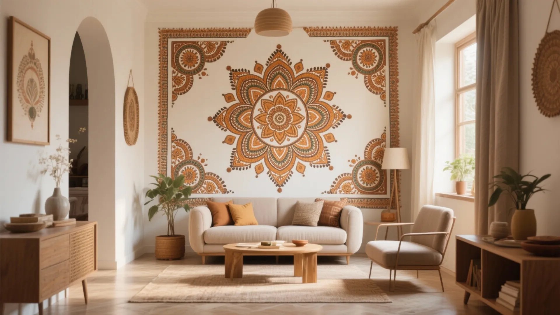 Cozy living room featuring a decorative wall hanging behind a beige sofa and wooden furniture