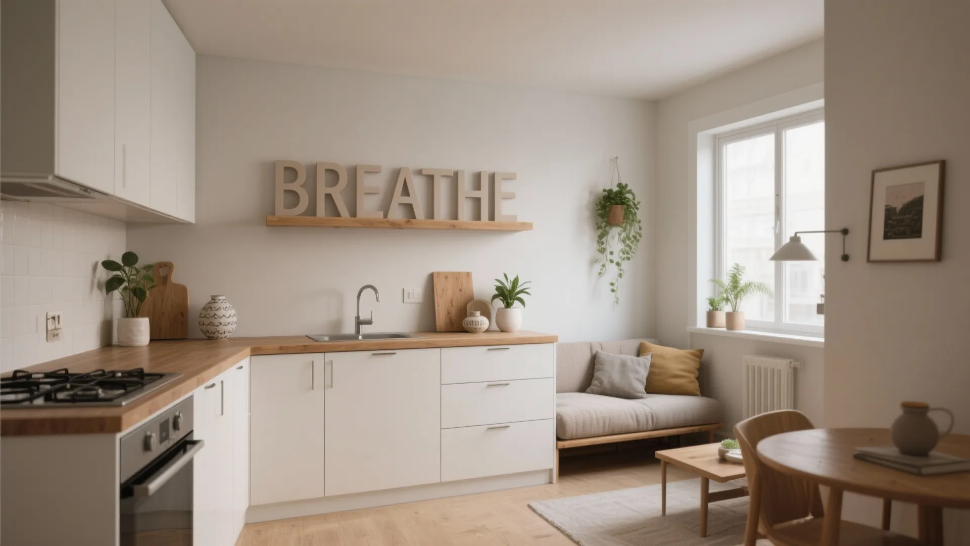 Small studio apartment interior with white cabinets wooden counters and a decorative wall word sign