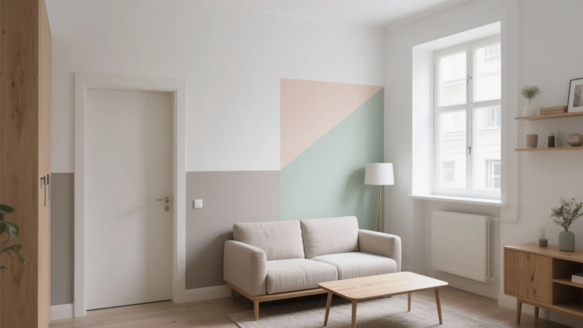 Living room with geometric wall paint pattern white sofa wooden coffee table and white door