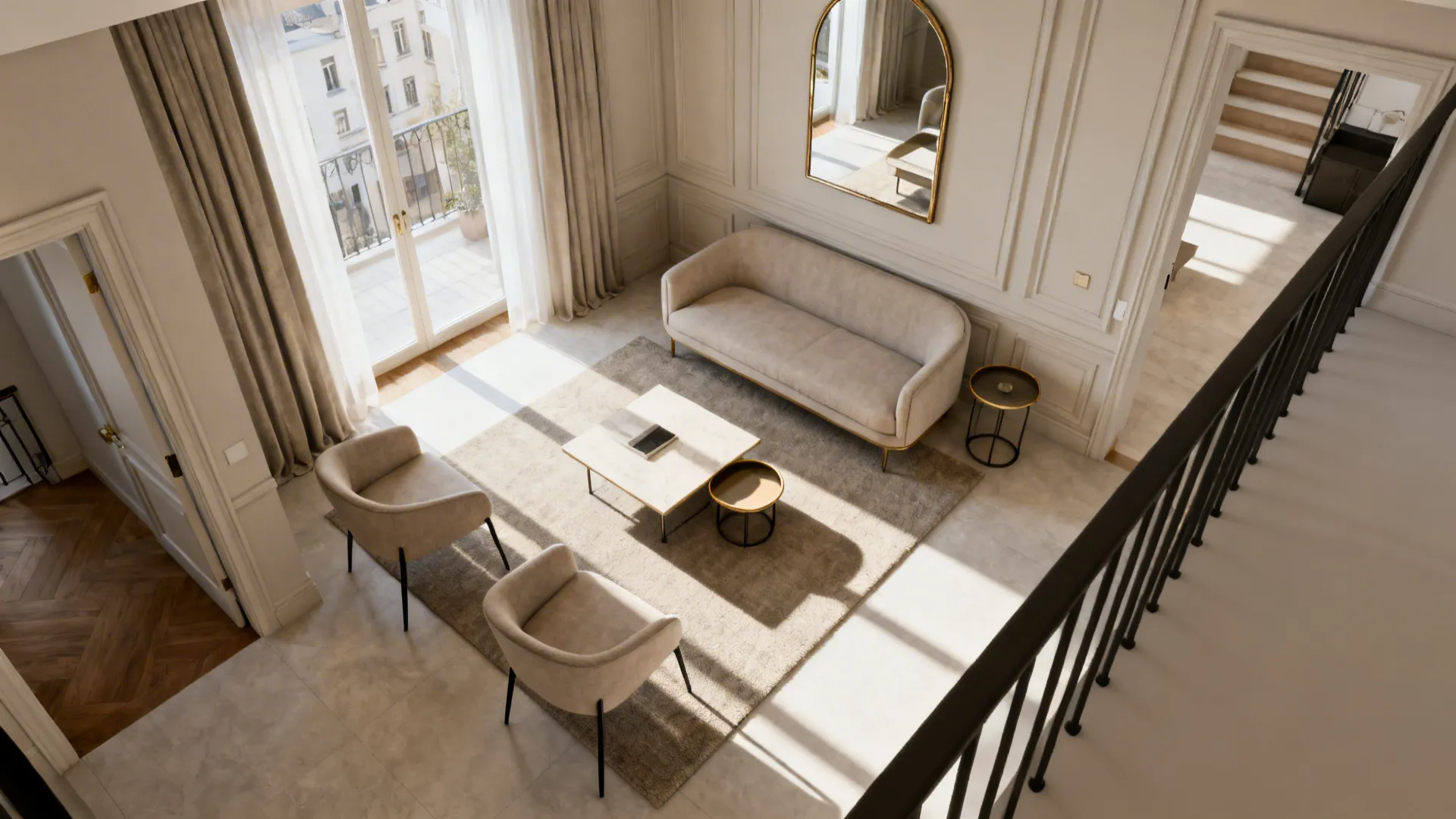 Top-down compact zoning with slim chairs, small table, nesting tables, and a mirror to open the space.
