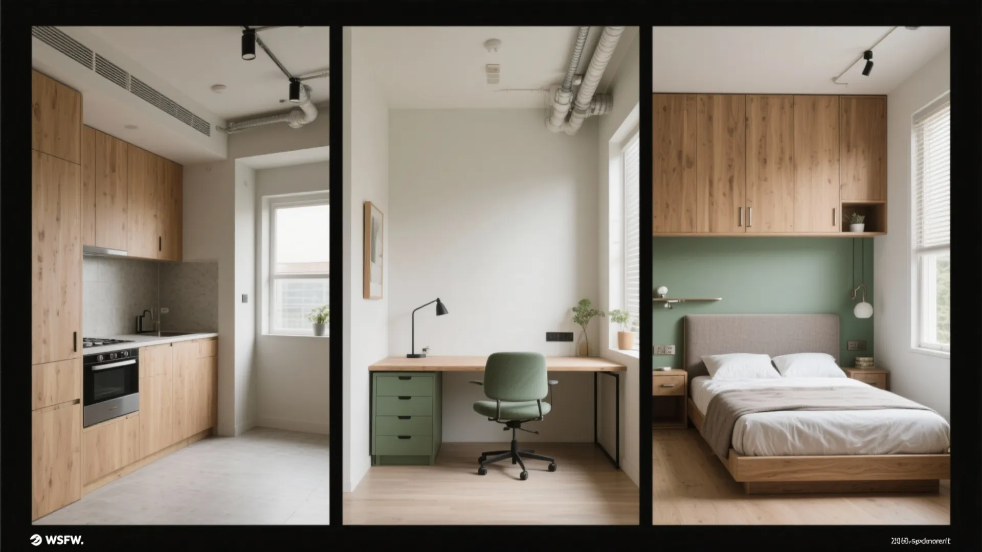 Tiny kitchen, micro-office, and small bedroom with clean ceilings and compliant sprinkler placements.