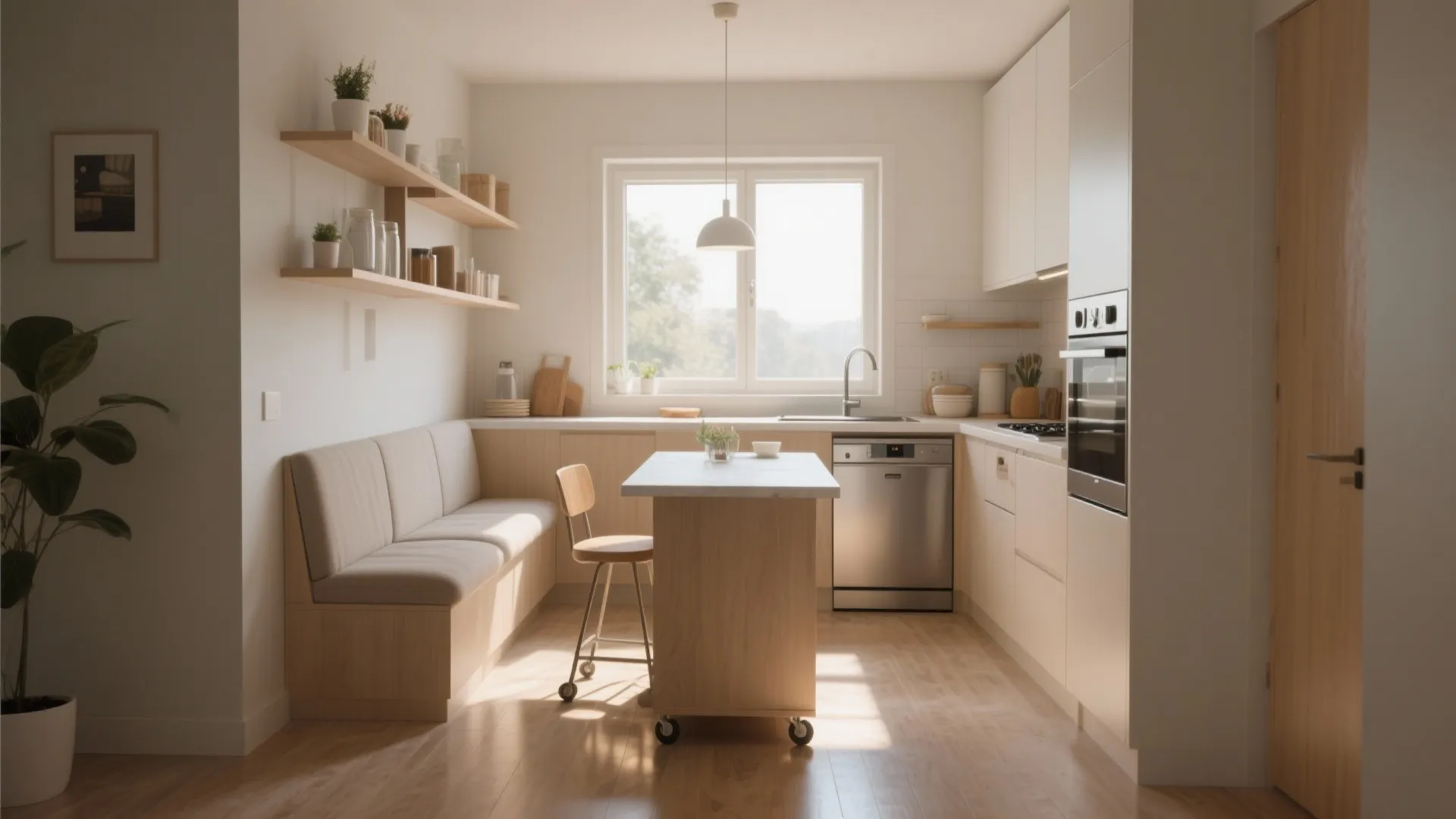 Minimalist kitchen with dining bench small wooden table light fixture window and light wood flooring