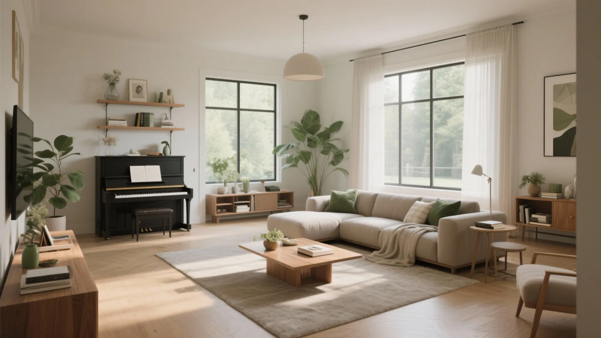 Modern living room featuring beige sofa, black piano, wooden coffee table, large windows, and green plants