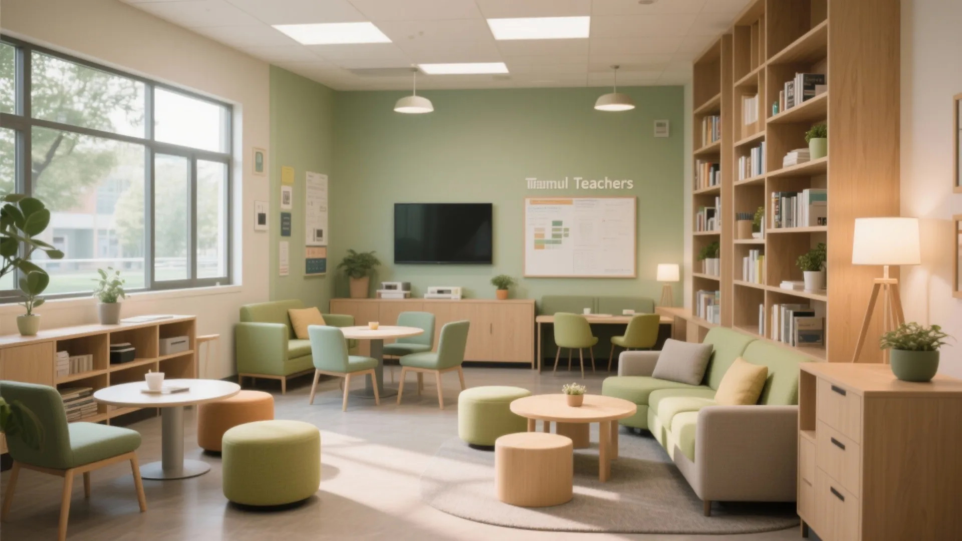 Modern staff lounge with green walls, wooden bookshelf, sofa, small round tables, and comfortable chairs