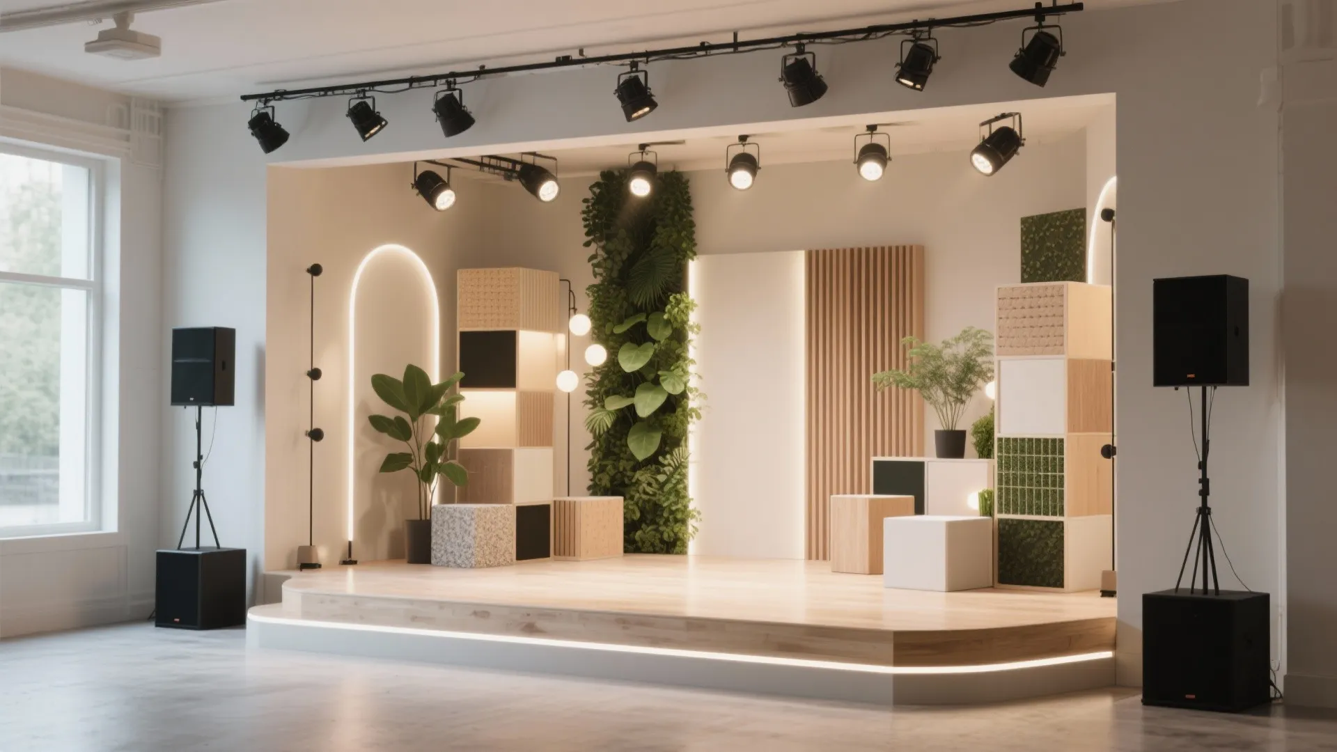 Small interior stage design with wooden floor green plants wall paneling and professional ceiling lights