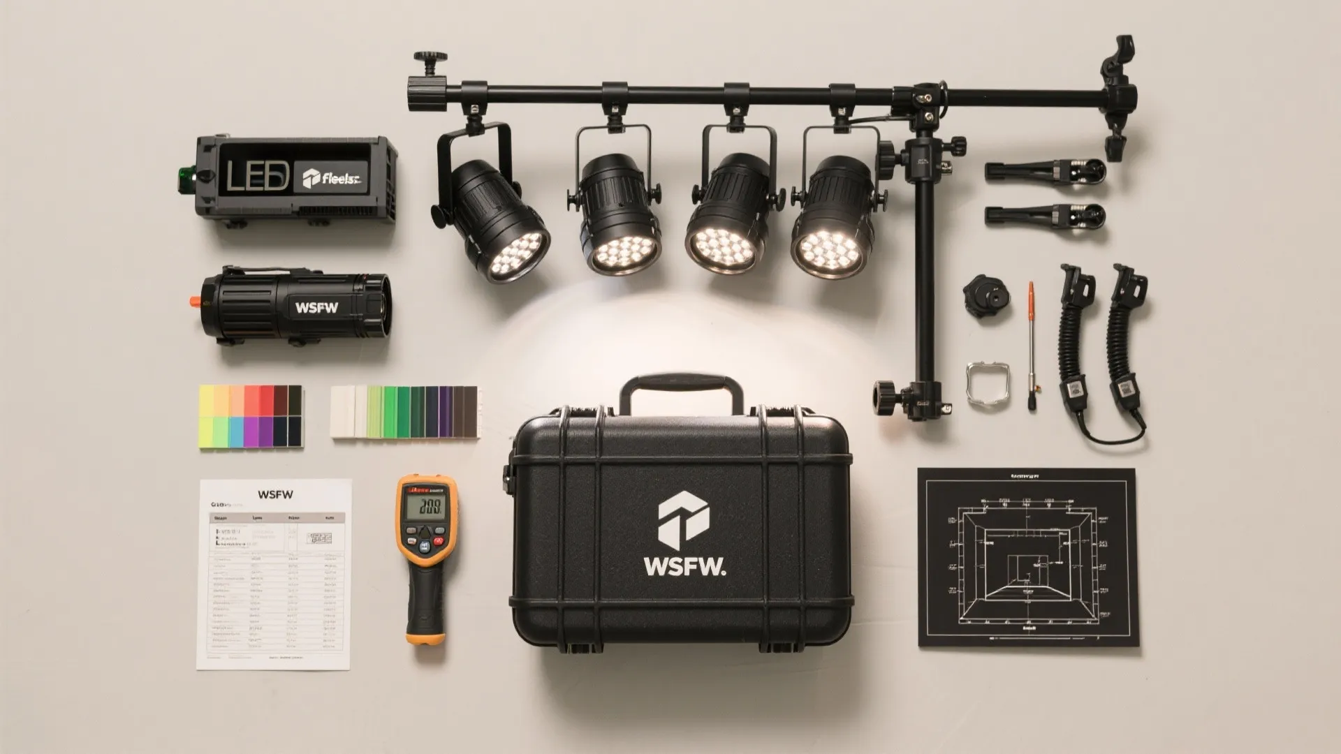 Professional lighting kit with black carry case four ceiling lights and various stage equipment tools organized