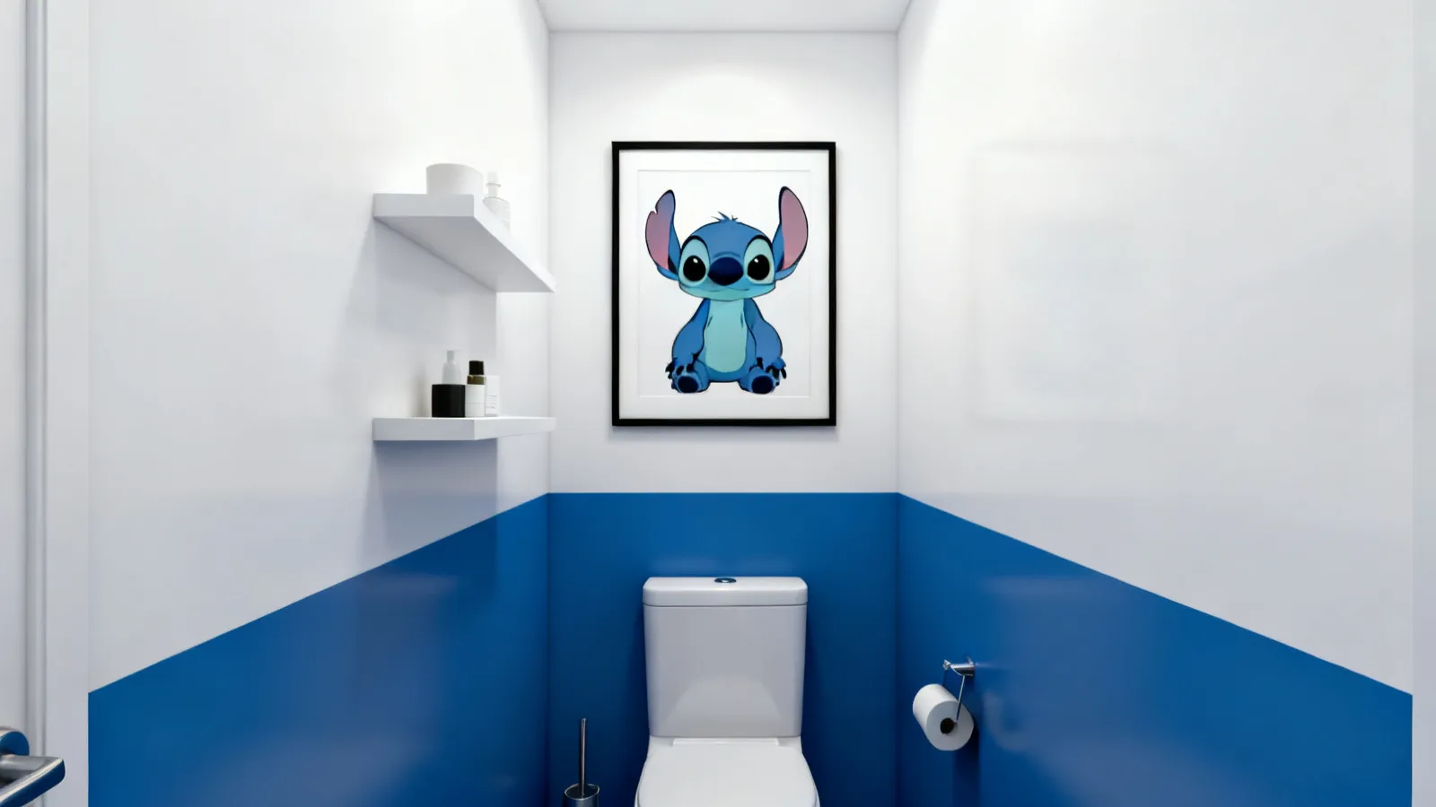Small bathroom with Stitch wall art and floating shelves