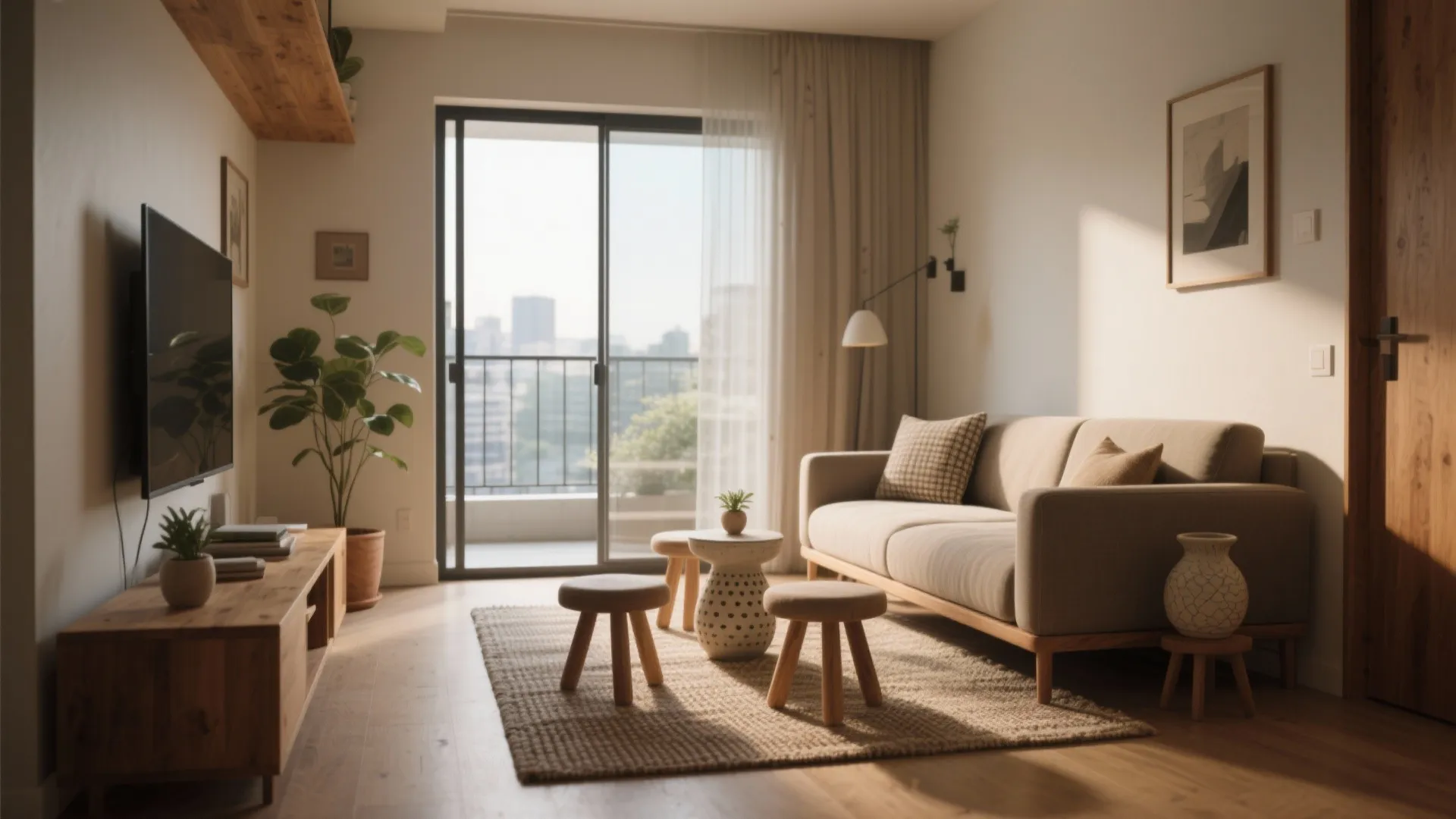 Modern living room with beige sofa wood floor three small stools and bright balcony window