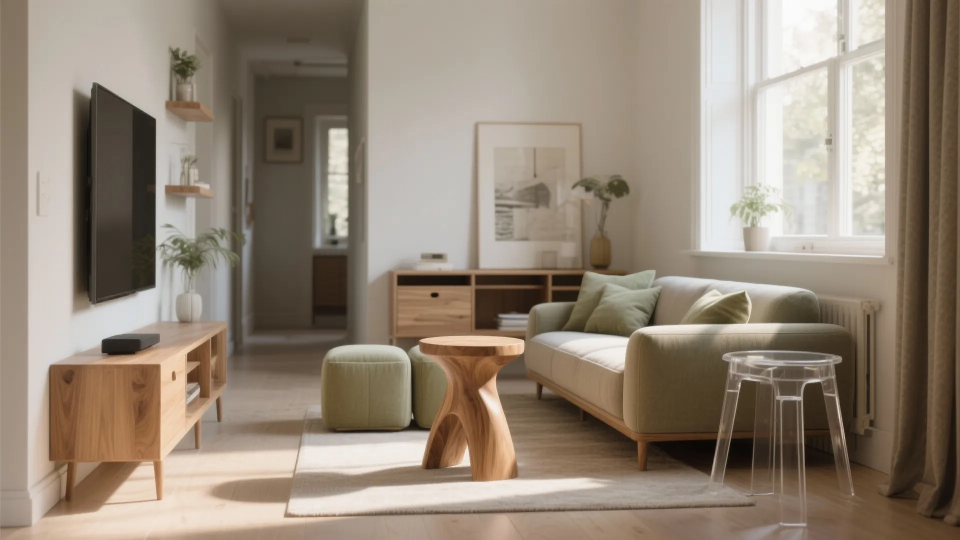 Bright living room featuring green sofa wooden cabinet television and unique wooden and clear stools
