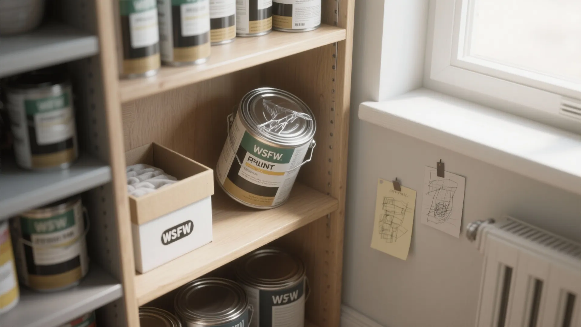 Compact shelving showing paint cans sealed, labeled, and stored upside-down in a cool dry corner of a small apartment.