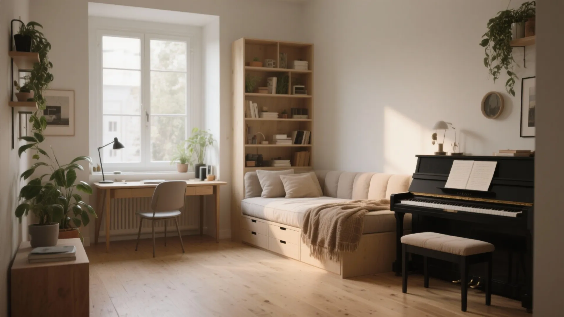 Small studio room with a sofa bed wooden desk black piano tall bookshelf and green plants