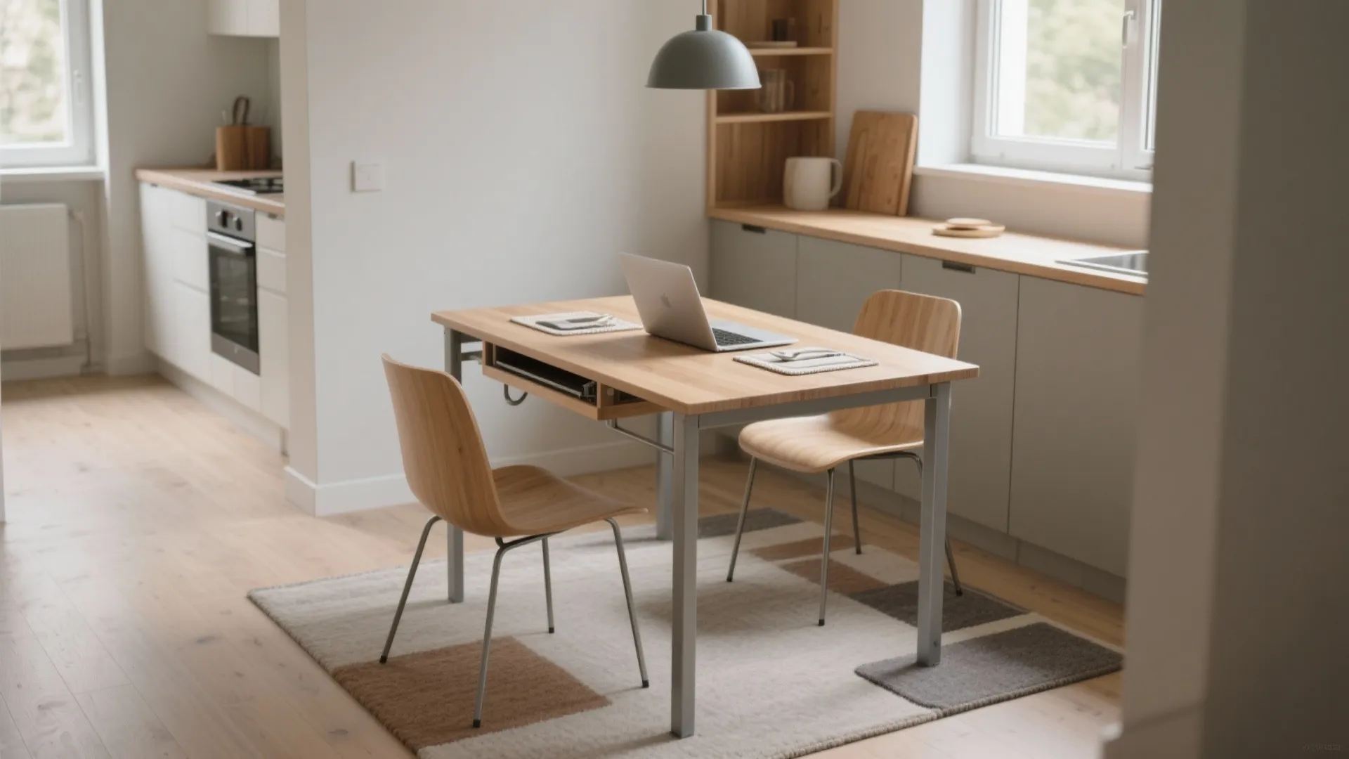 Small wooden table with laptop and two chairs near grey kitchen cabinets and a window
