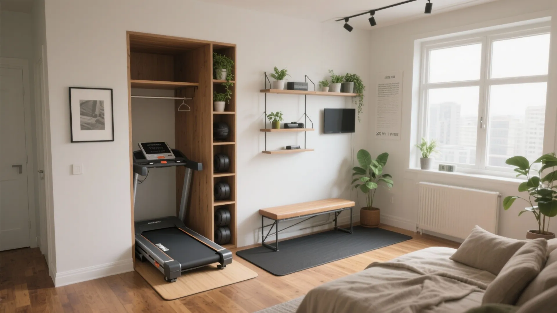 Modern studio room featuring a treadmill inside a wooden cabinet near a bench and window