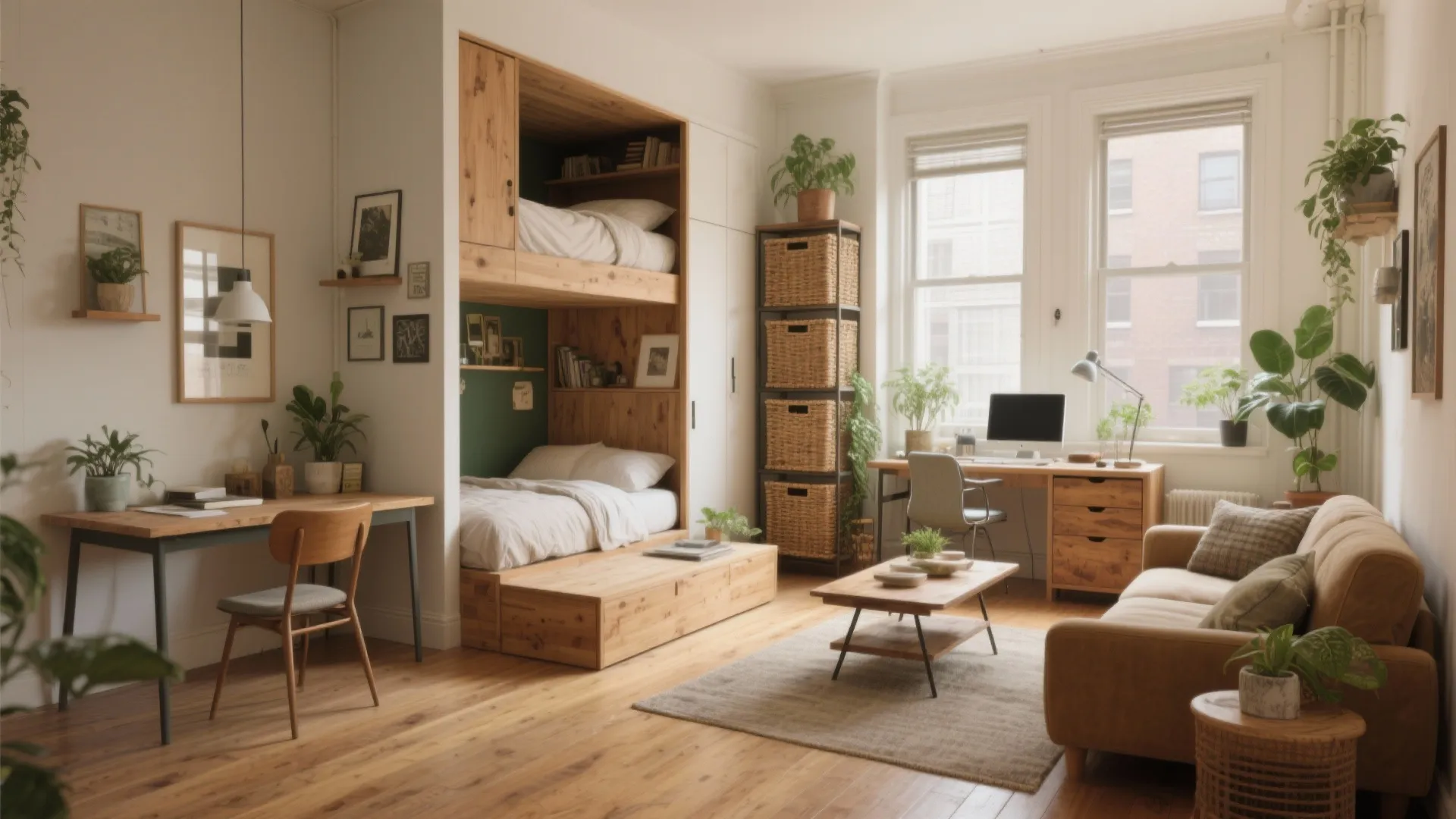 Small studio apartment with bunk bed desk sofa wooden floor tall shelves and green plants