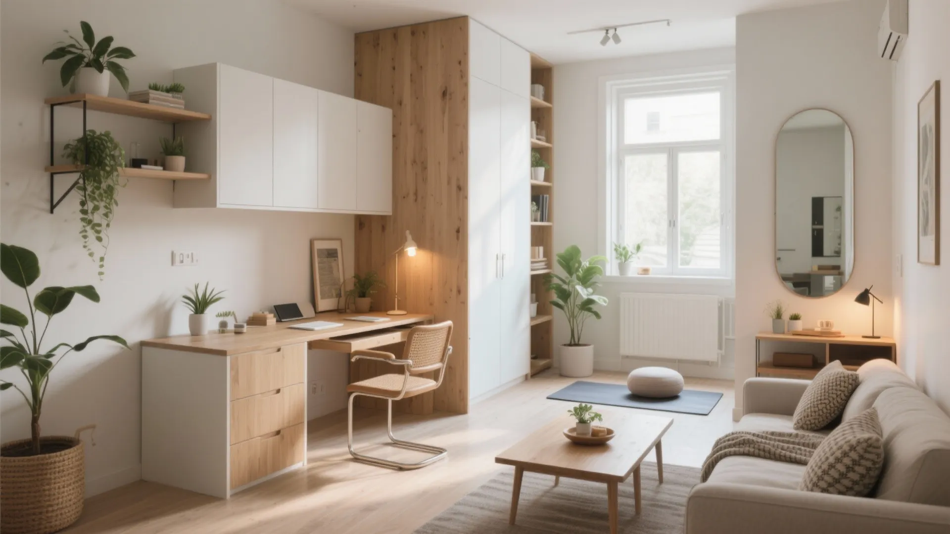 Bright studio apartment layout featuring wooden desk area white storage cabinets and cozy beige sofa