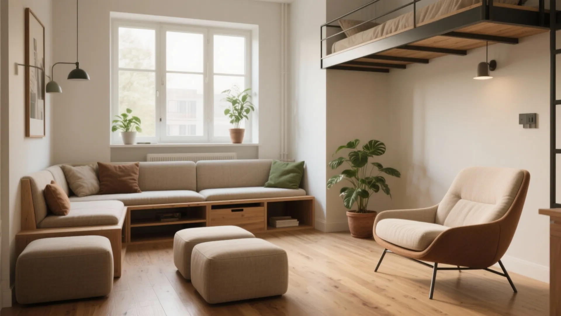 Small studio apartment with beige l-shaped sofa wood floor modern armchair and a loft bed