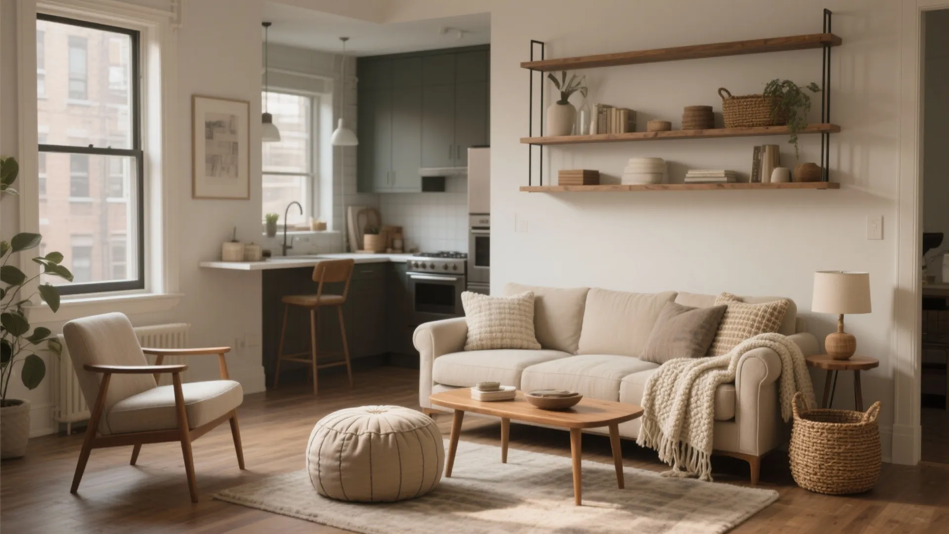 Cozy living room with beige sofa wood coffee table wall shelves and kitchen in background