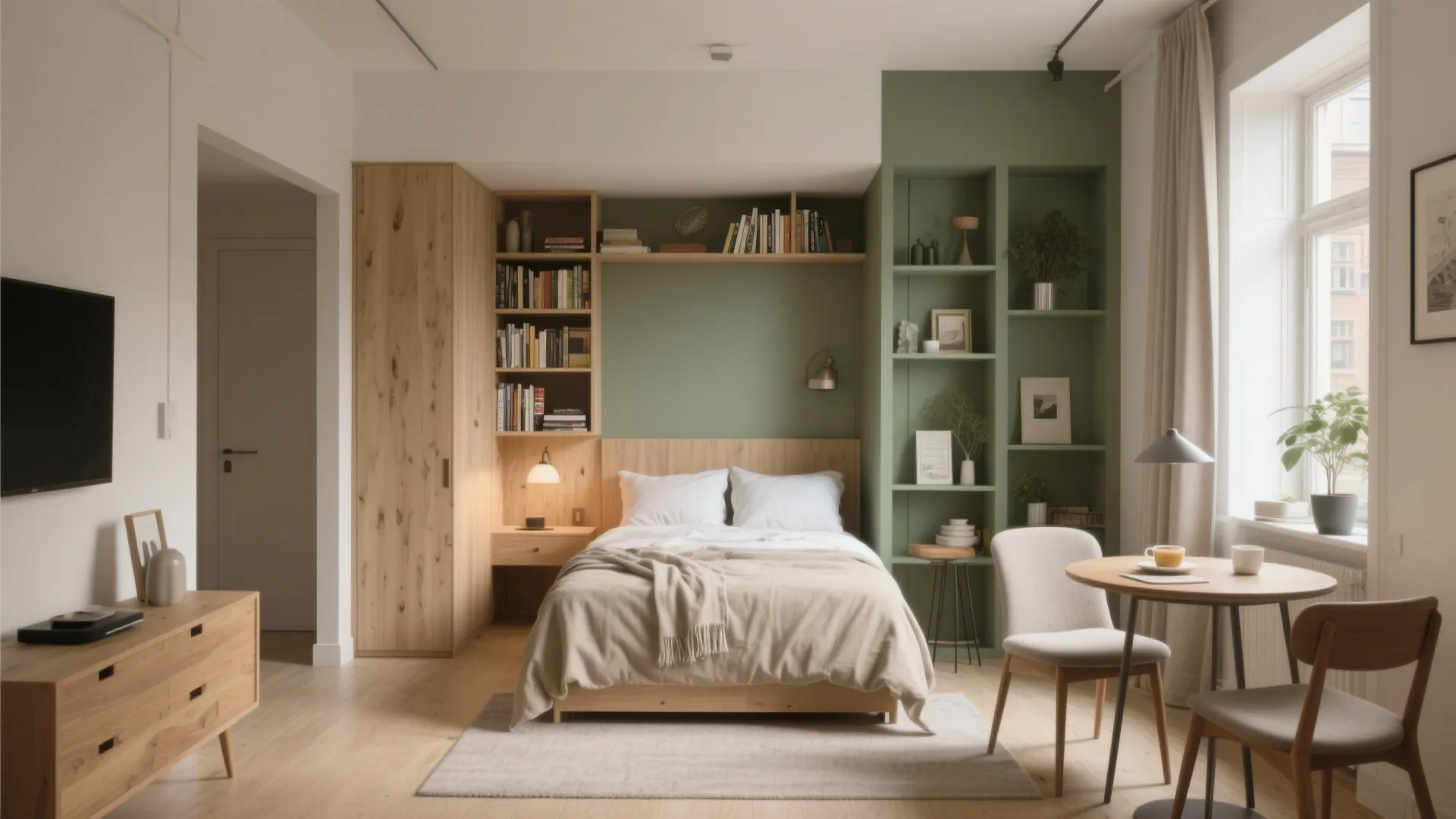 Modern studio apartment featuring bed green wall wooden bookshelves dining table and bright natural light
