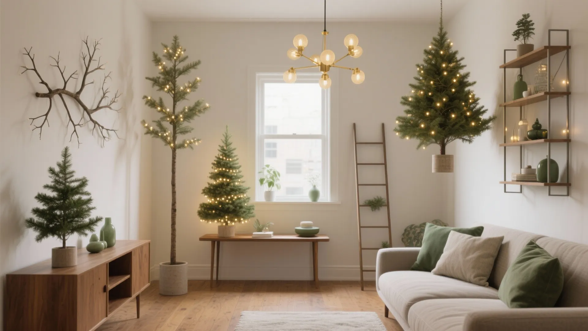 Modern living room featuring multiple small lit Christmas trees with beige sofa and wooden floor