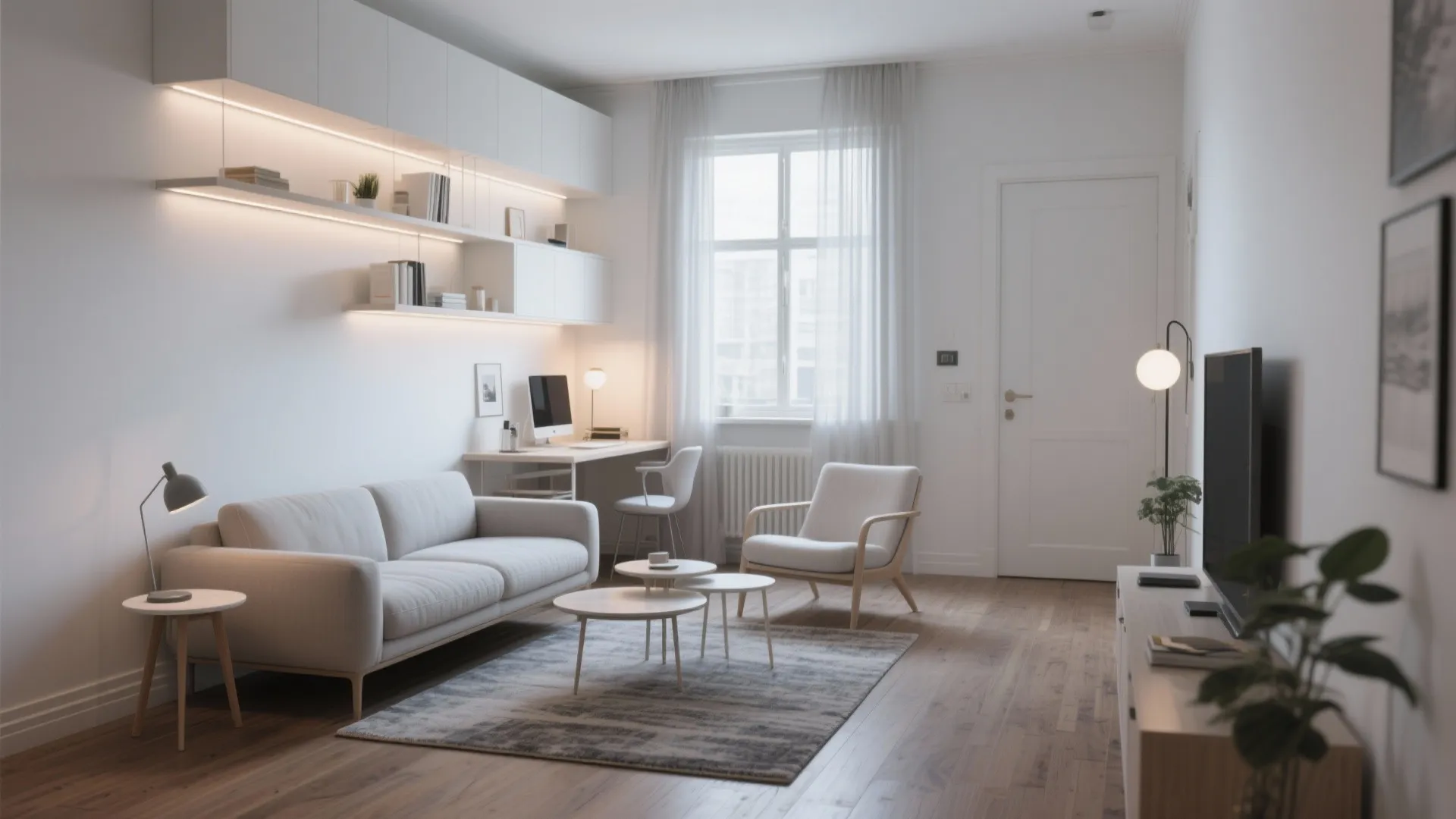 Modern white living room with cream sofa wooden floor desk wall shelves and window light