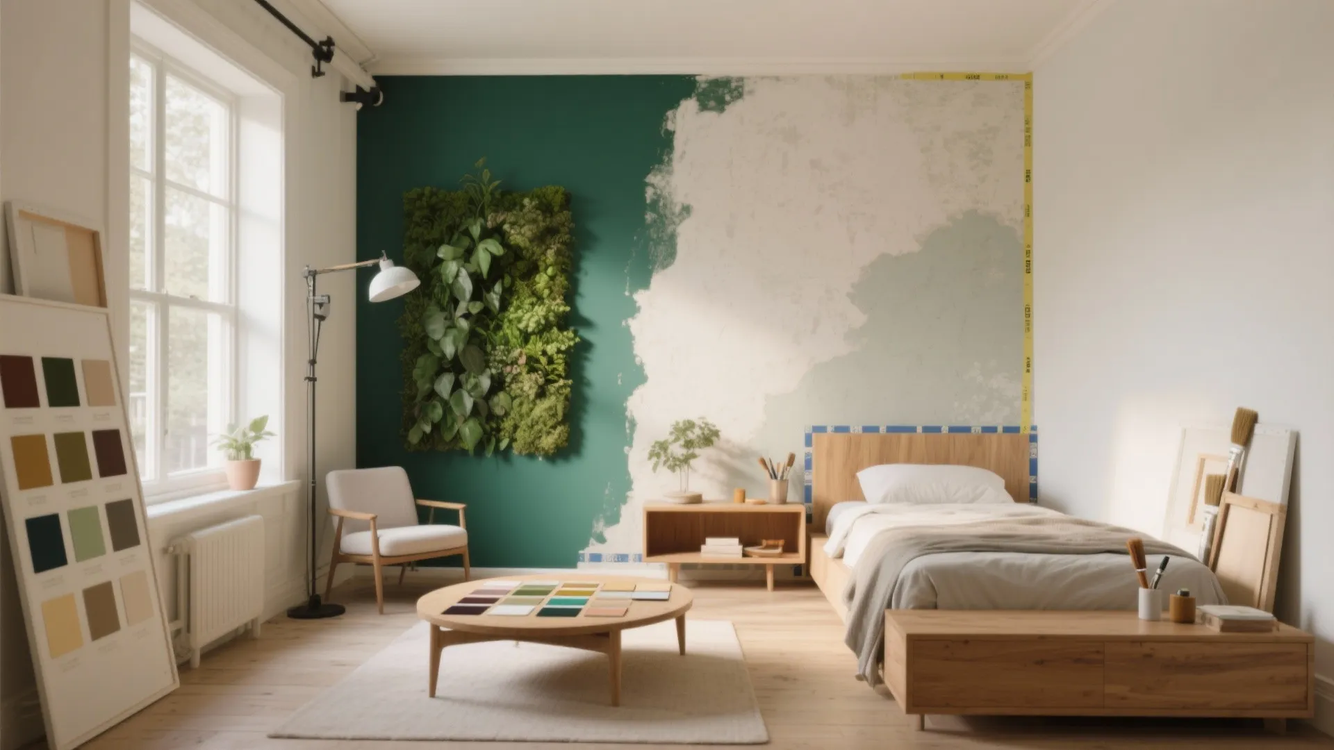 Bedroom interior being painted green with wooden furniture and plants on a bright sunny day