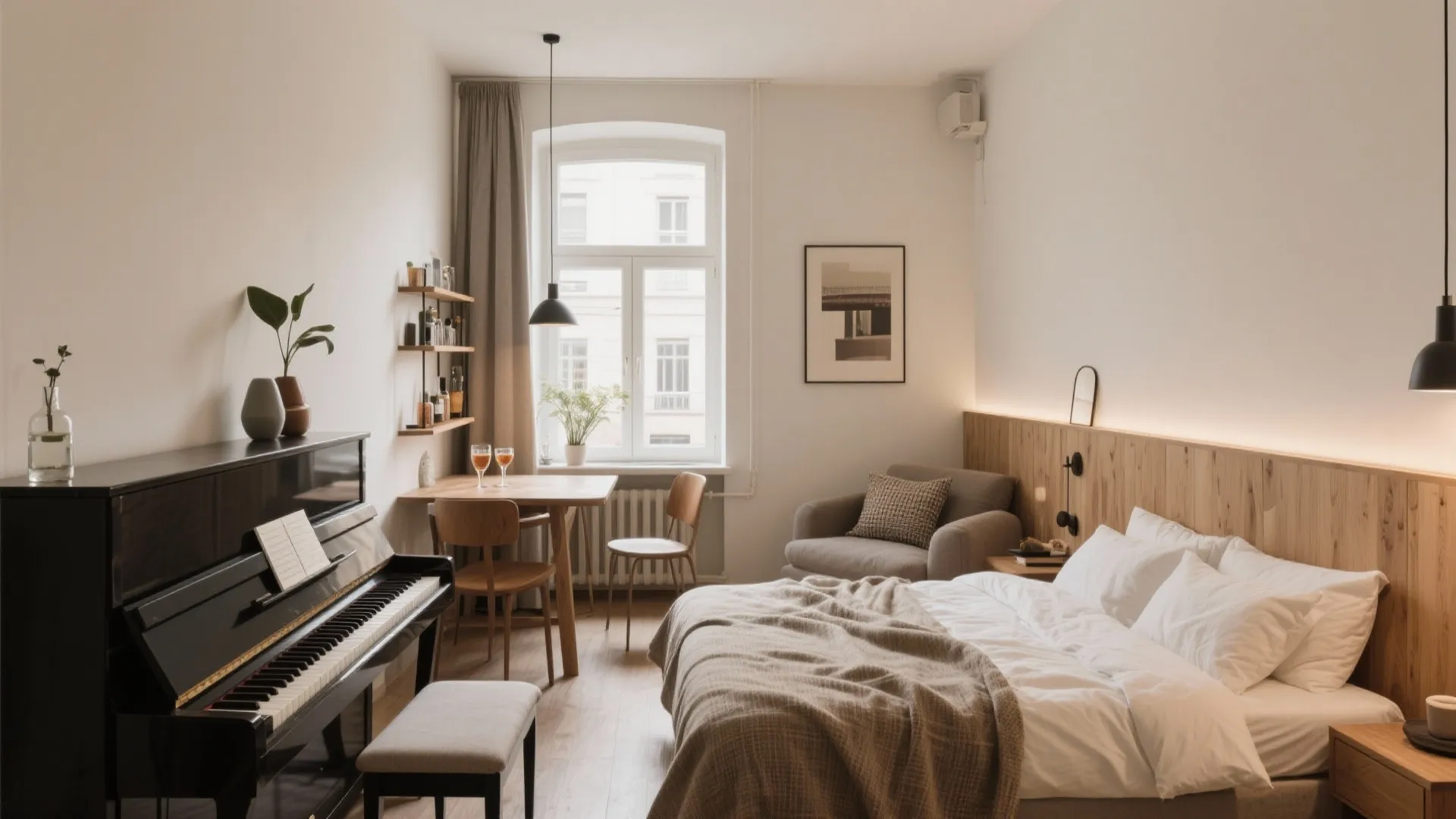 Small studio apartment interior design with a piano a bed and a wooden dining area
