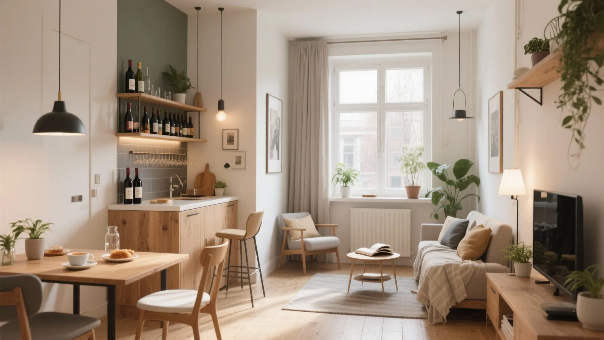 Cozy open plan studio apartment with wooden kitchen cabinets small sofa dining table and window