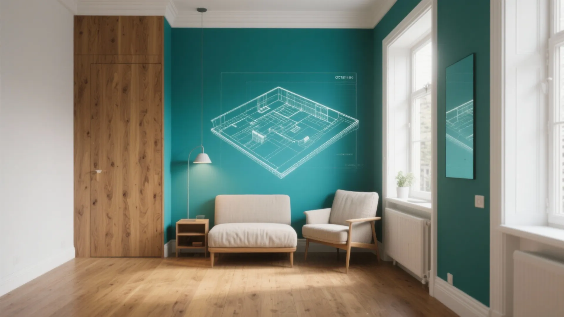 Teal living room with wood floor and furniture showing an interior design drawing on wall
