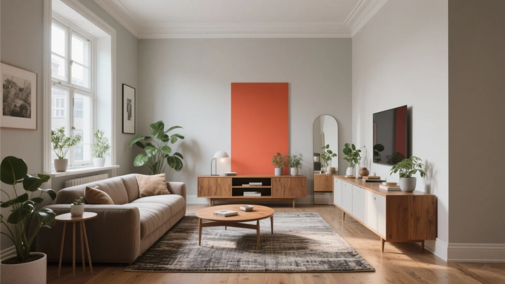 Modern living room with brown sofa wooden coffee table large orange wall art and green plants