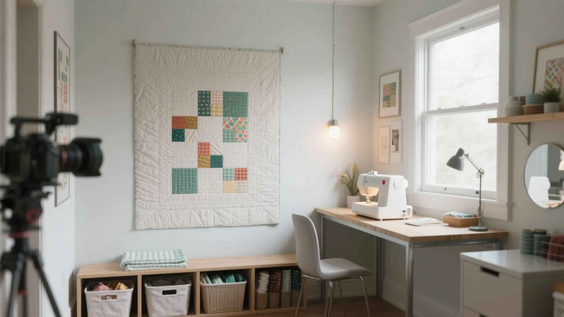 Bright sewing room with white sewing machine on wood desk and colorful wall art quilt