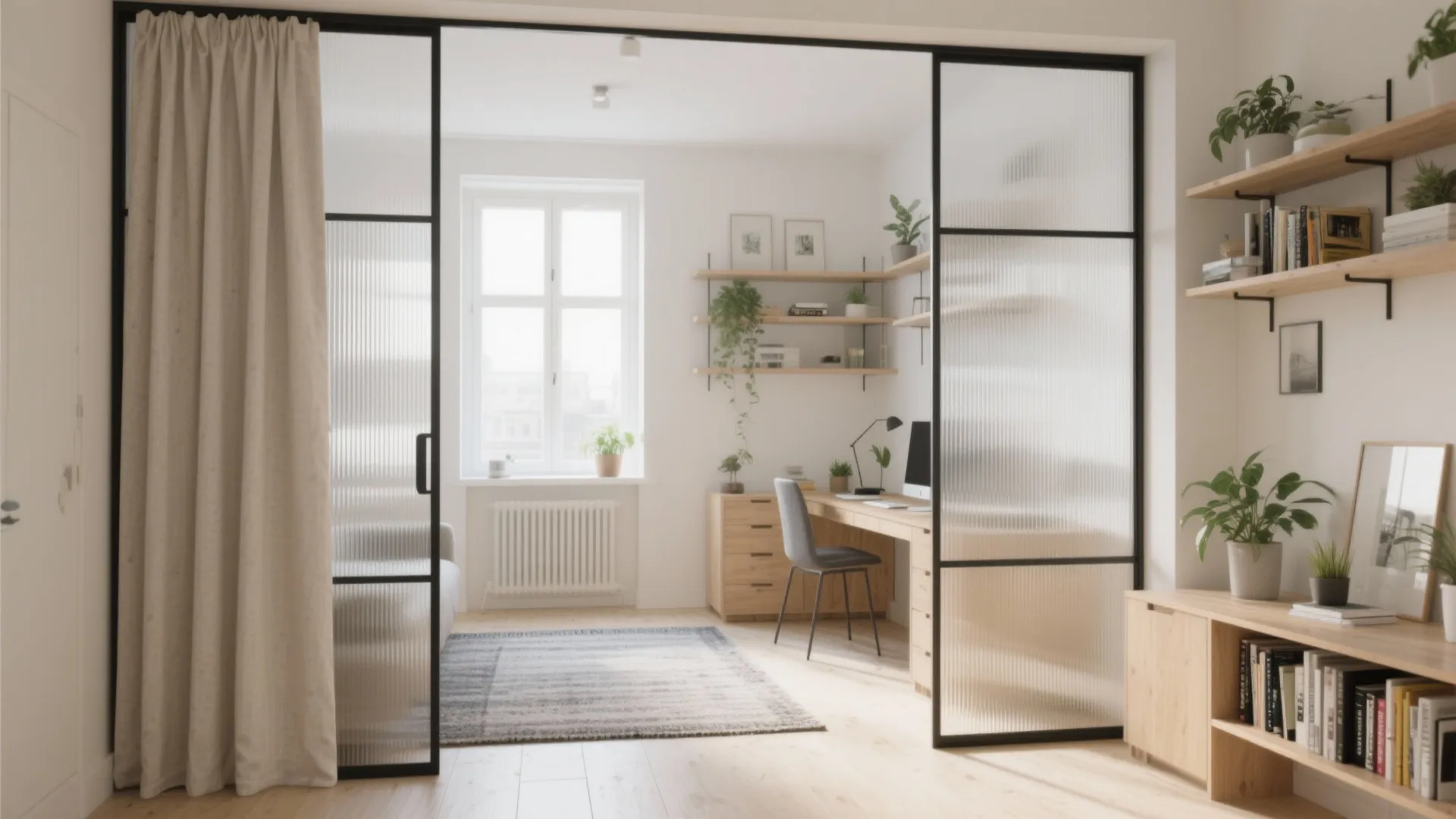 Studio apartment home office with sliding glass door curtain wooden desk shelves and grey rug