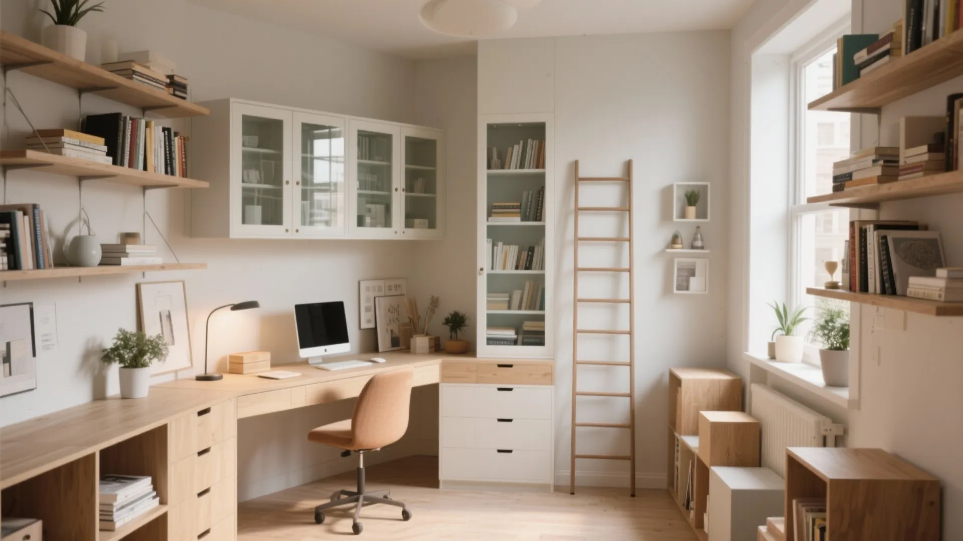 Minimalist home office with light wood corner desk white cabinets wooden ladder and wall shelves