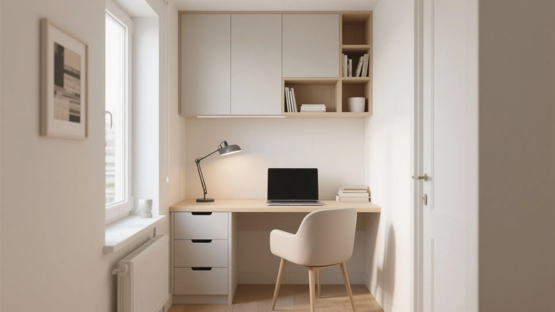 Minimalist study nook featuring a light wood desk white chair desk lamp and overhead storage cabinet