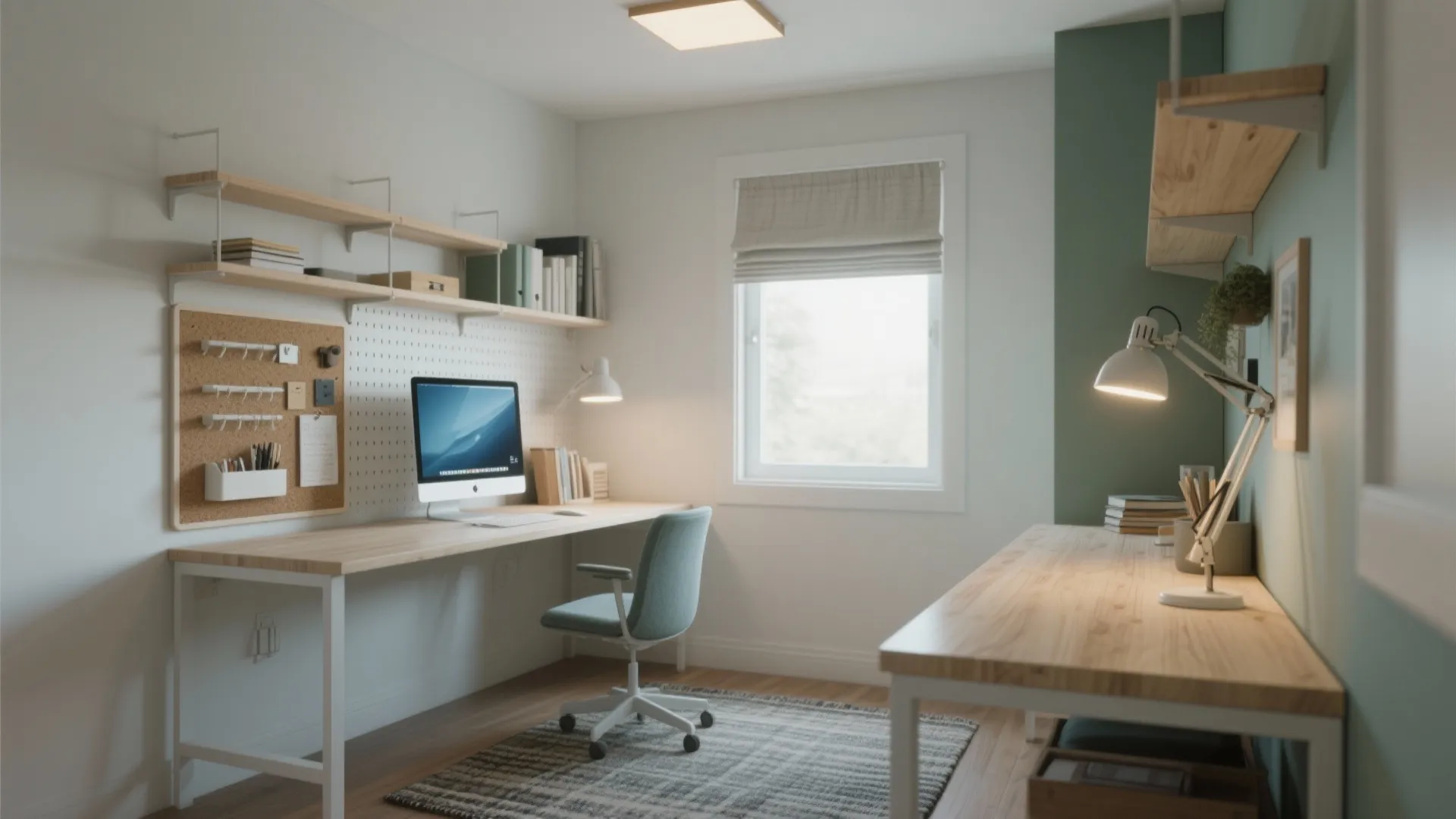 Minimalist home study room with wooden desks blue chair pegboard wall shelves and soft indoor lighting