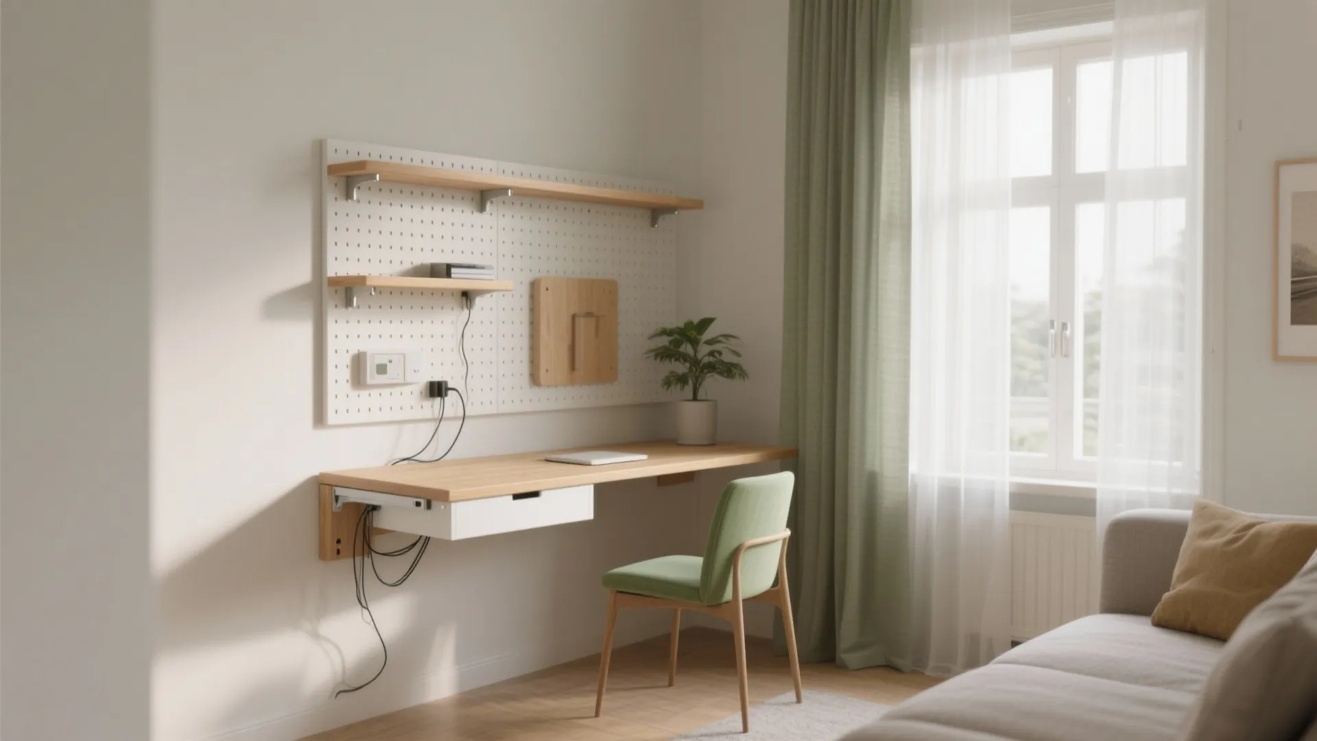 Modern home office with wooden wall desk green chair white pegboard and natural window light