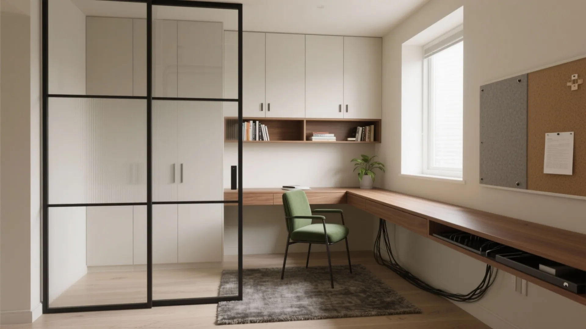 Home office interior with green chair long wooden desk white cabinets and glass sliding door