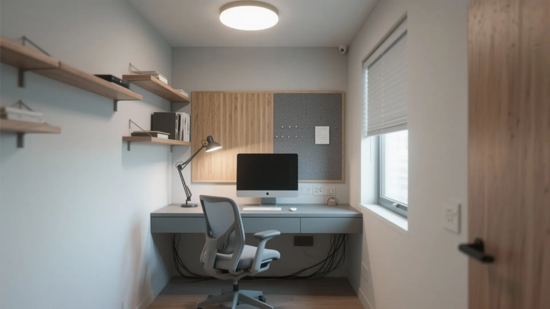 Minimalist home office design featuring grey desk ergonomic chair wooden shelves computer and ceiling light