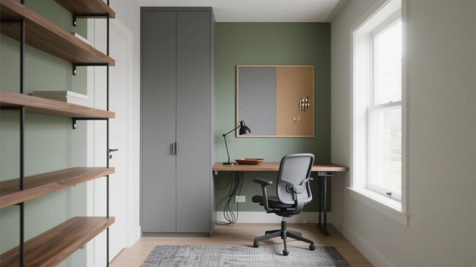 Small study room with green wall wooden desk grey wardrobe black chair and wooden shelves
