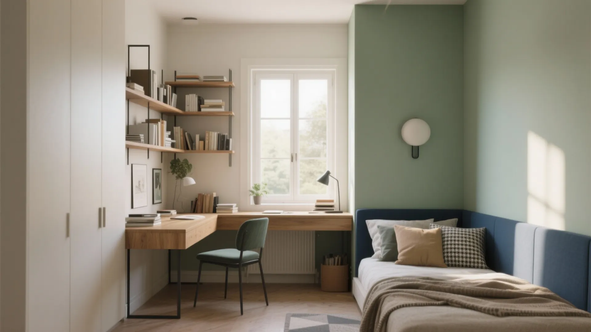 Small bedroom with corner wooden desk wall light shelving unit blue bed and green accent wall