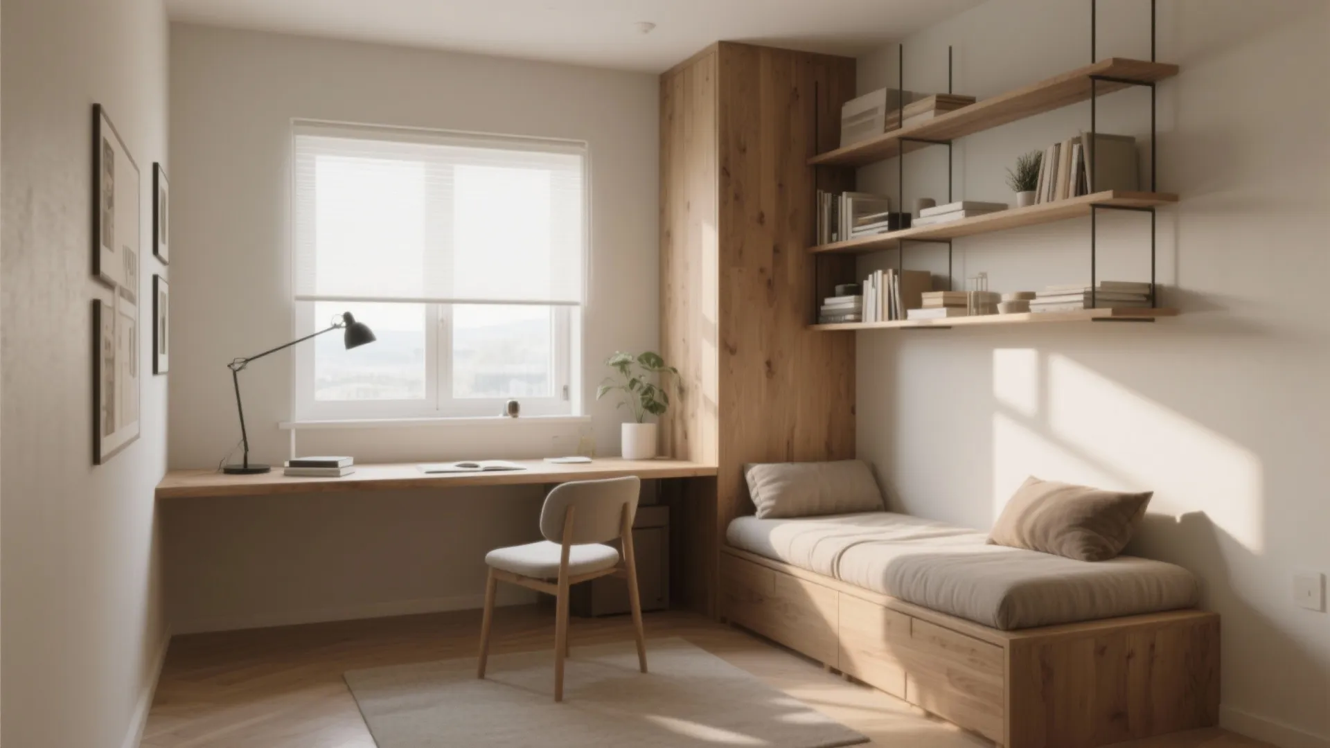 Small study room with wooden desk and chair next to daybed with storage and shelves