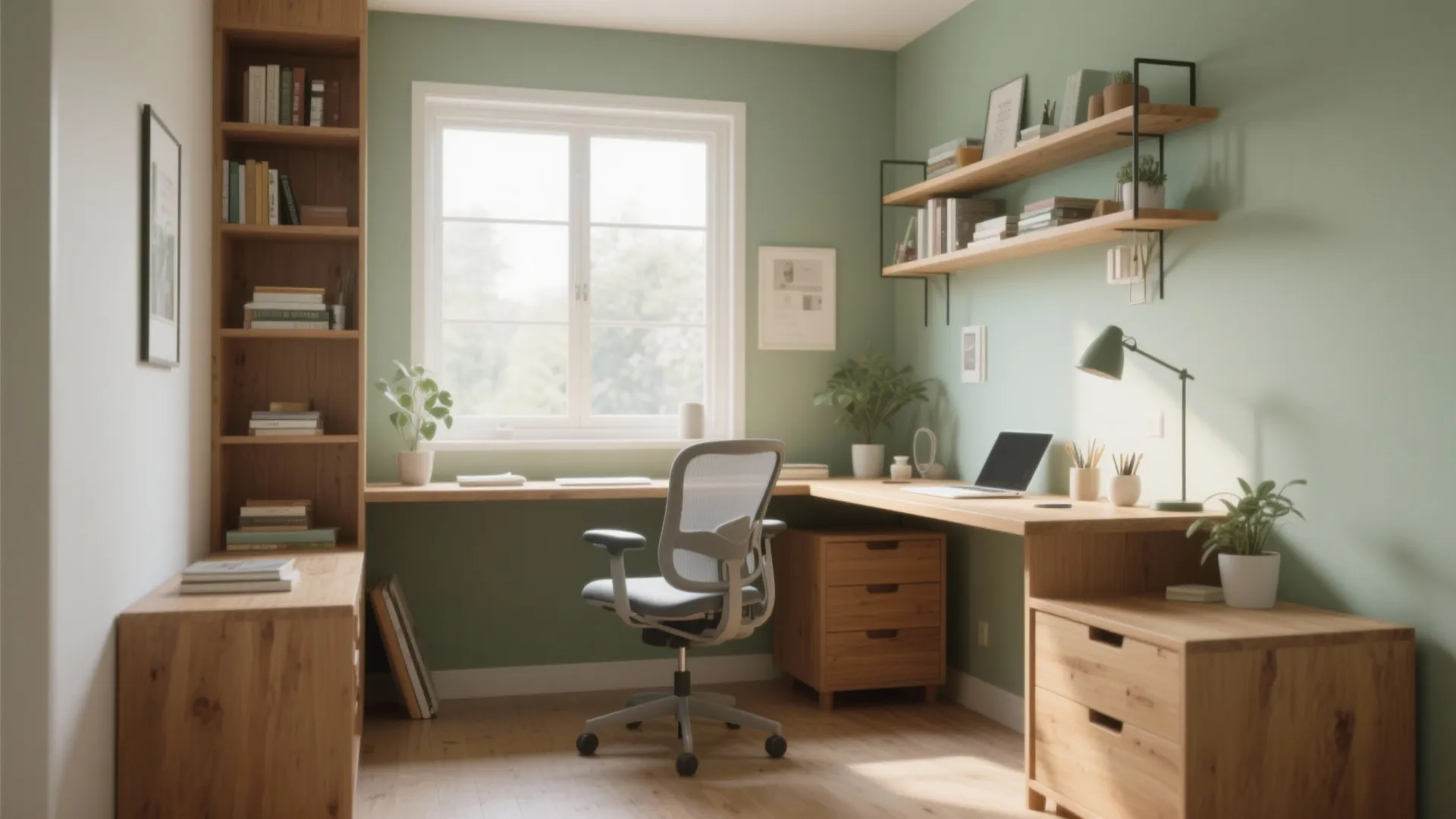 Small study room featuring green walls wooden bookshelf corner desk grey chair and natural window light