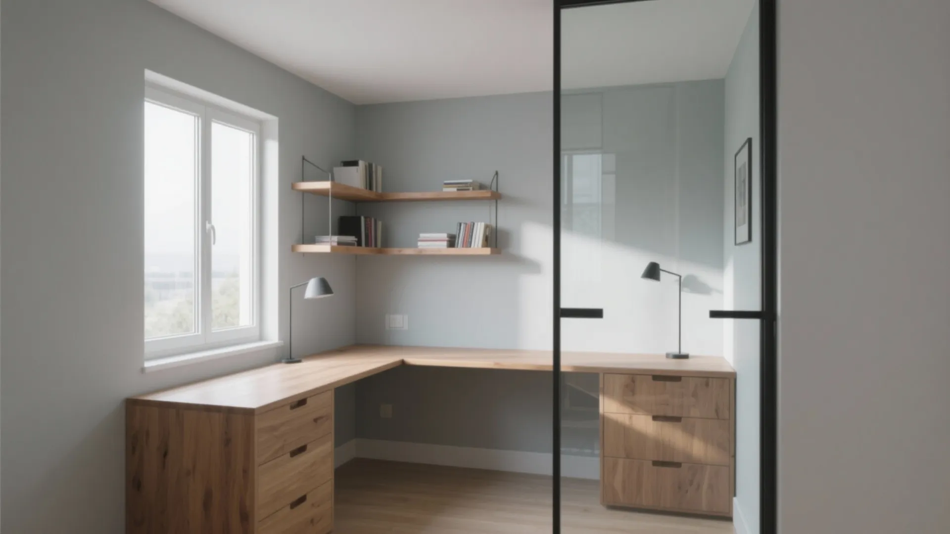 Modern home office with wooden corner desk grey walls wall shelves and natural window light