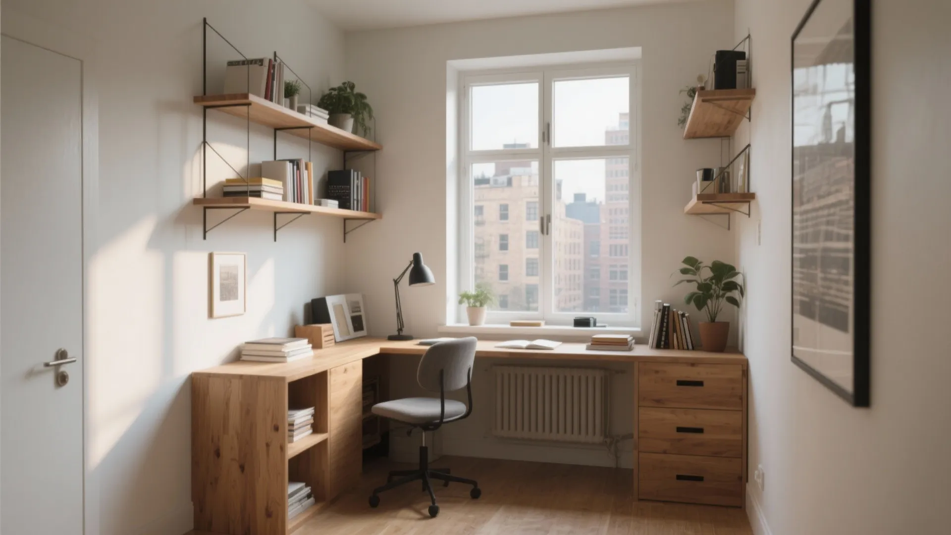 Small study room with wooden desk, grey chair, wall shelves, books, plants, and a window