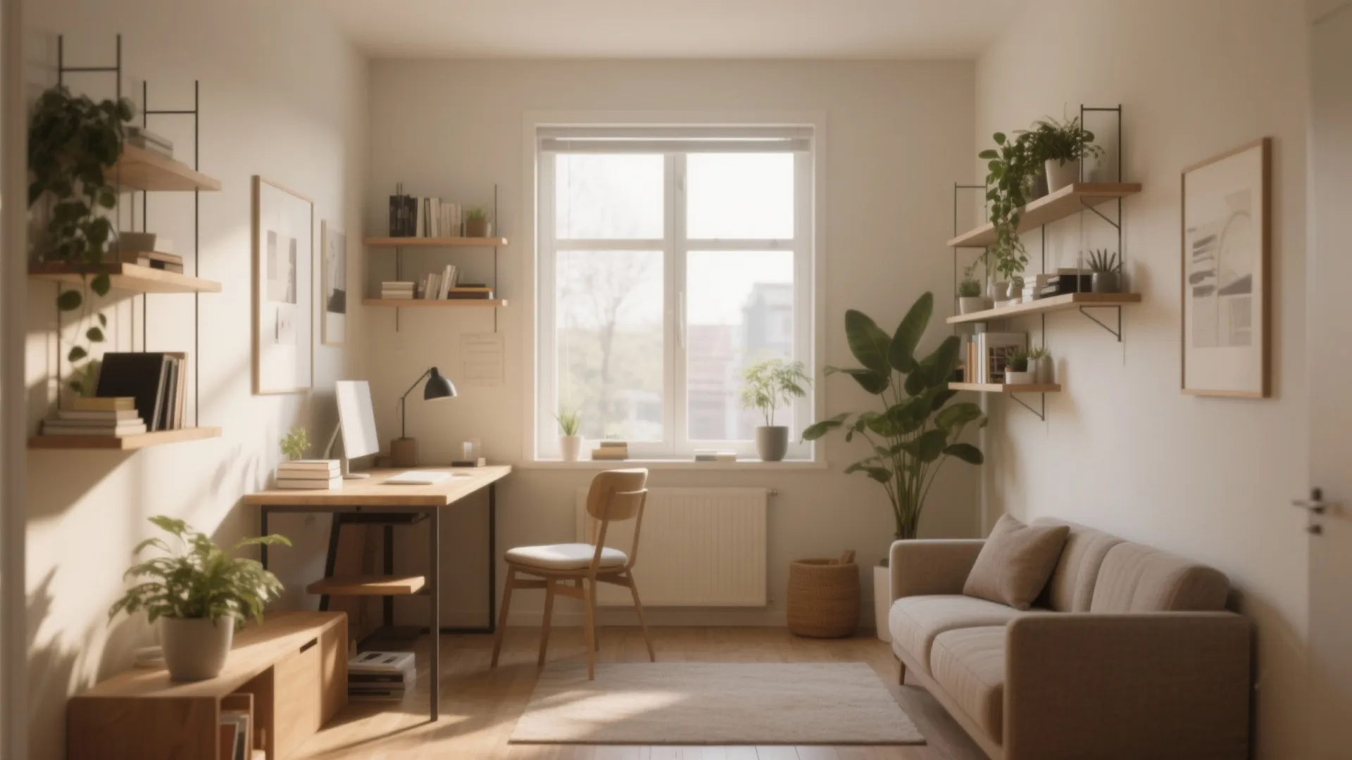 Cozy minimalist home office with wooden desk beige sofa wall shelves and natural window light