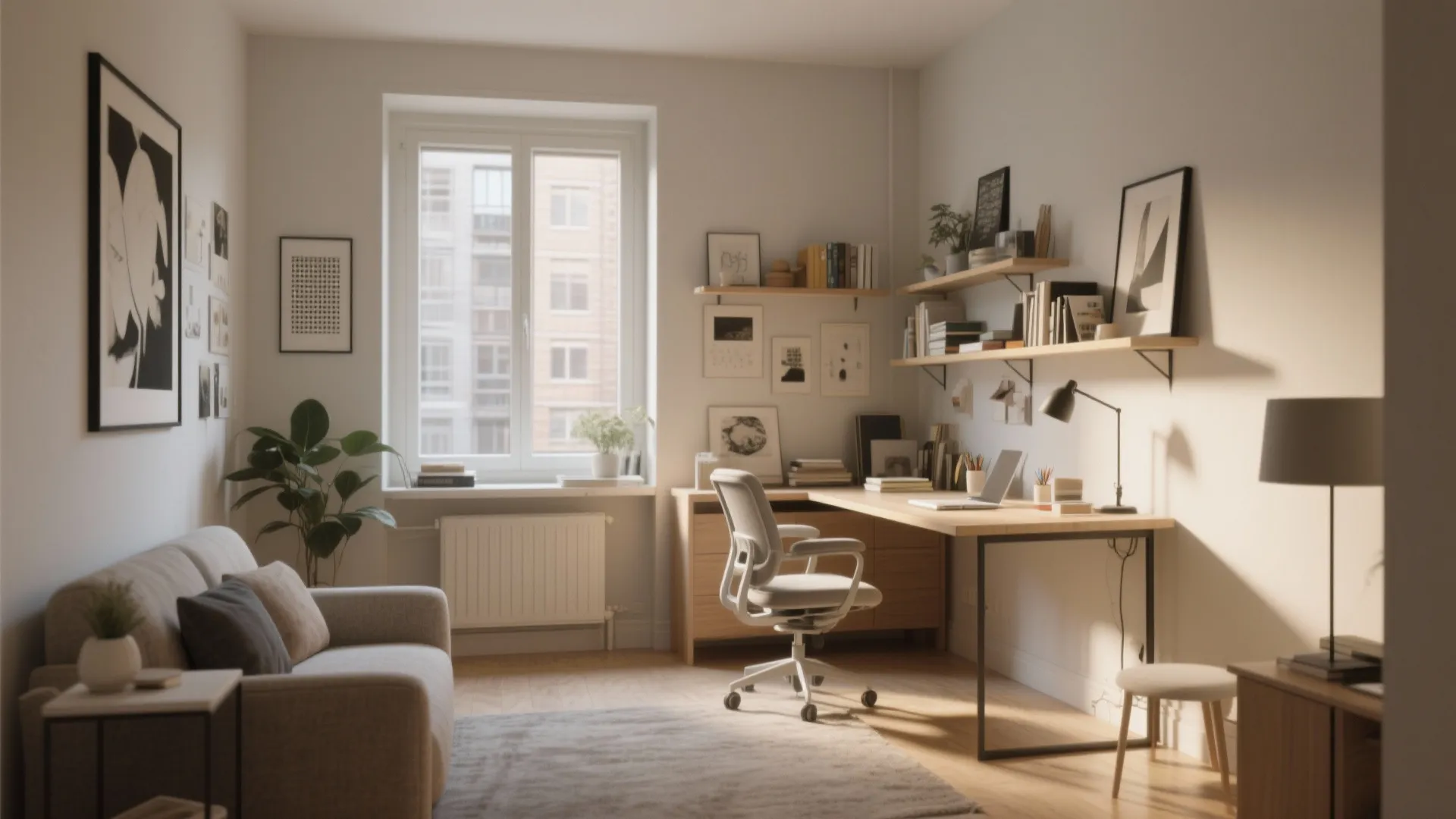 Modern home office with grey sofa wooden desk white chair wall shelves and a large window