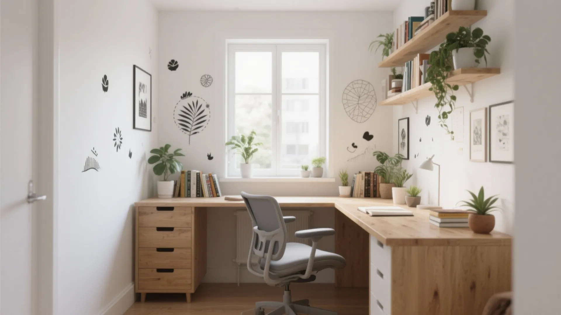 Modern home office with corner wooden desk grey chair and black plant wall stickers window