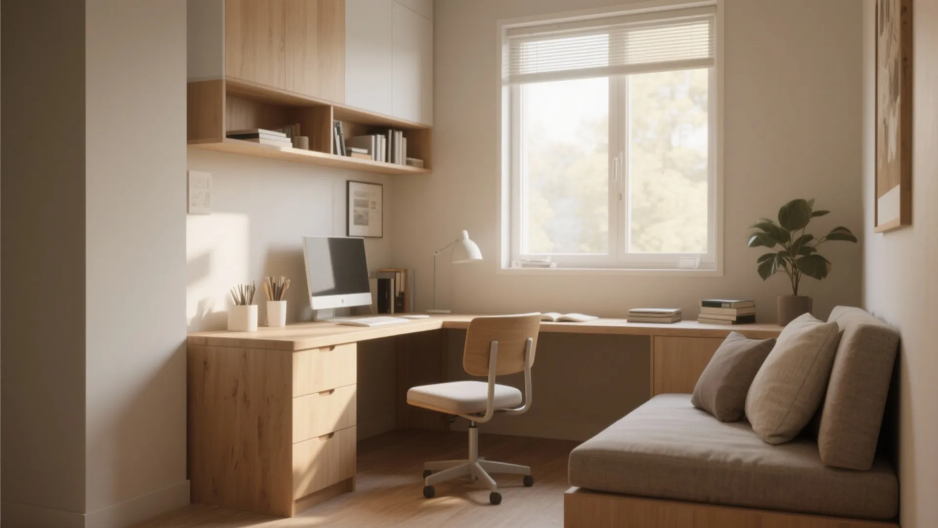 Small home office with wooden corner desk white chair wall shelves books and a grey sofa