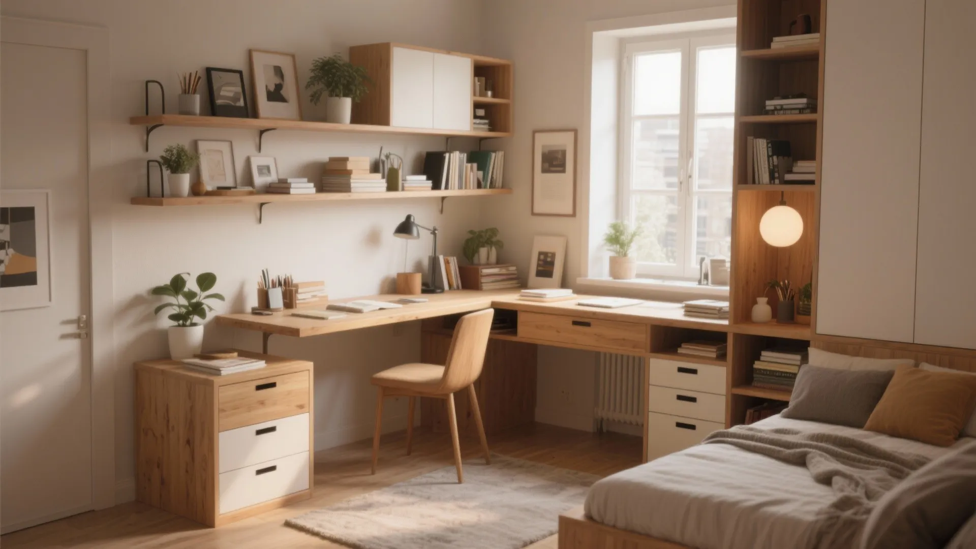 Modern wooden corner desk with shelves and chair in a bedroom for a home office