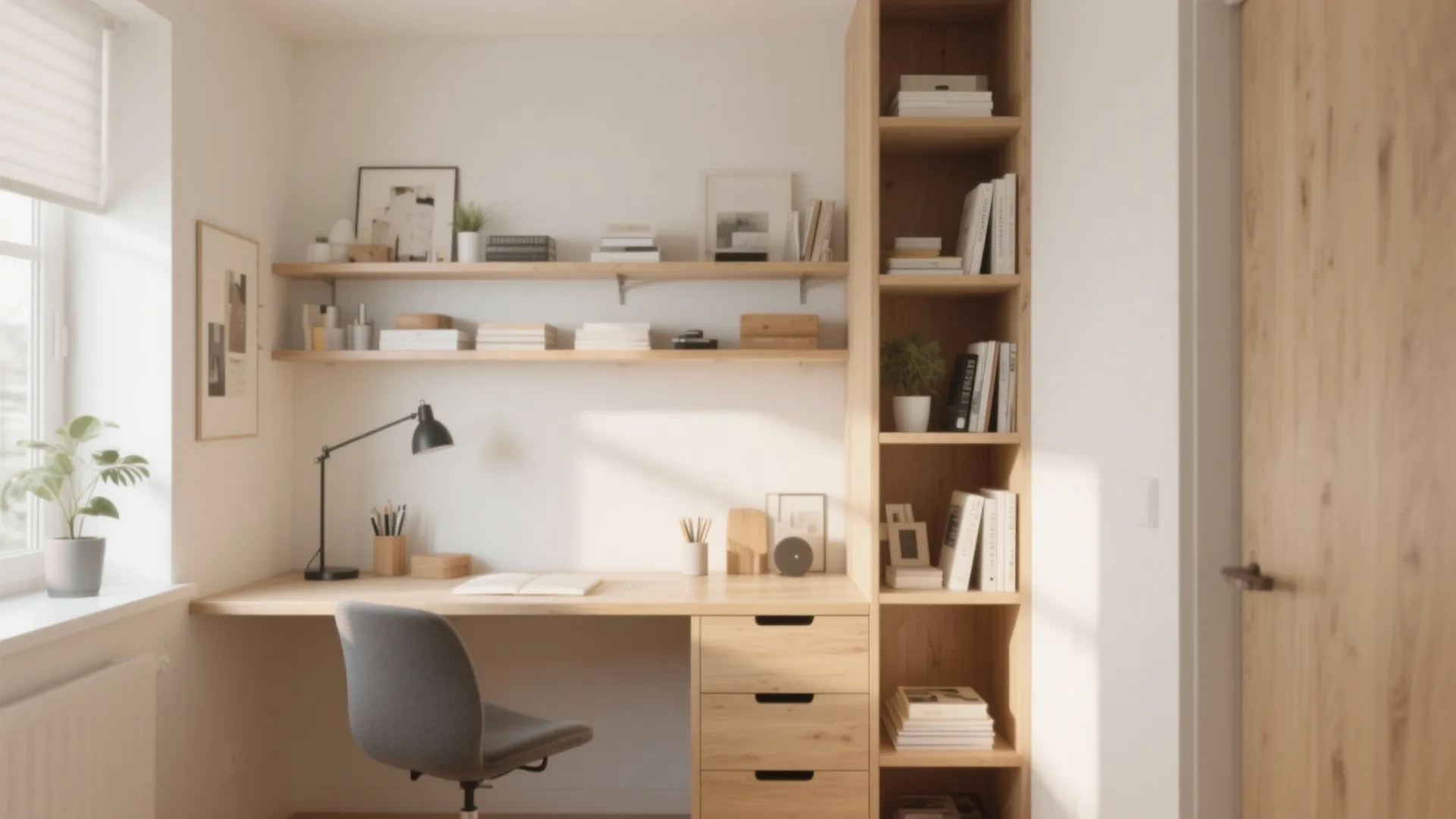 Minimalist study area featuring wooden desk tall storage cabinet wall shelves black lamp and chair